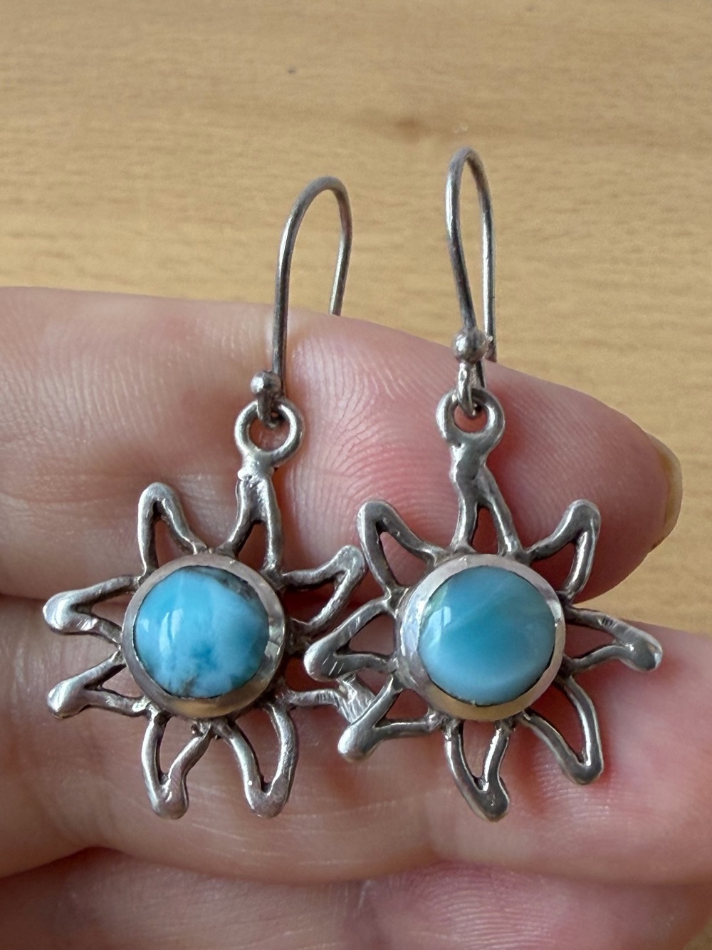 VINTAGE BLUE CATS EYE LARIMAR CABOCHON SUN BURST DANGLE DROP EARRINGS 925 SS